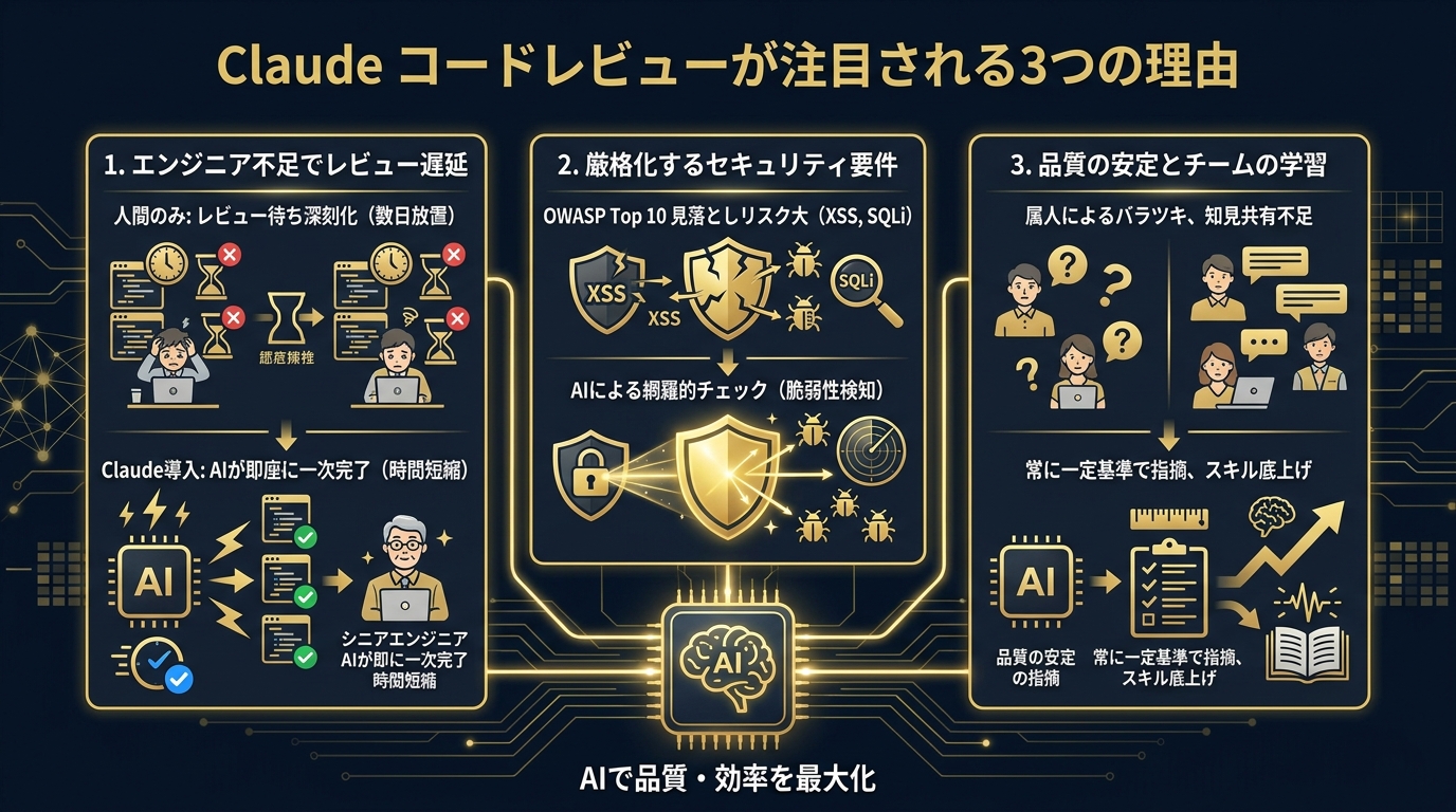 Claude コードレビューが注目される3つの理由の図解