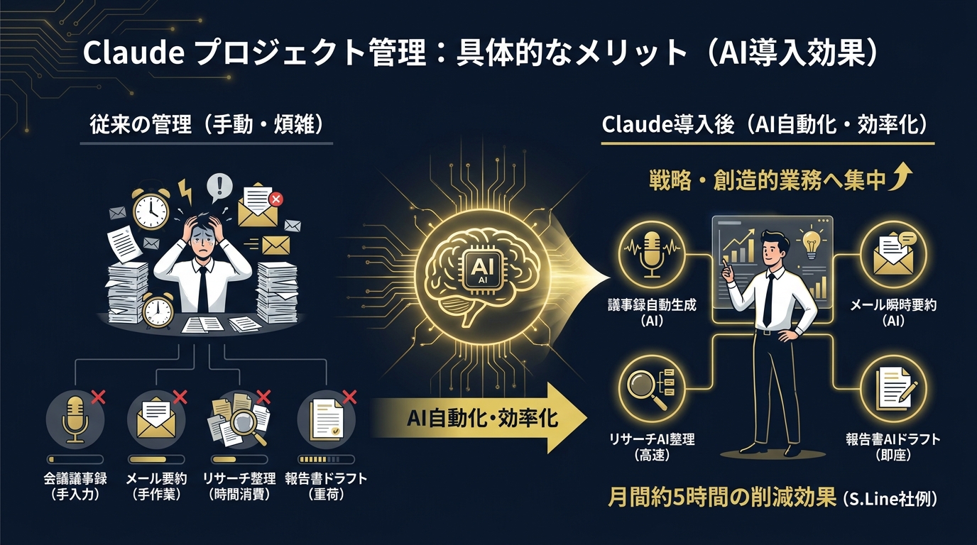 Claudeのプロジェクト管理における具体的なメリットの図解