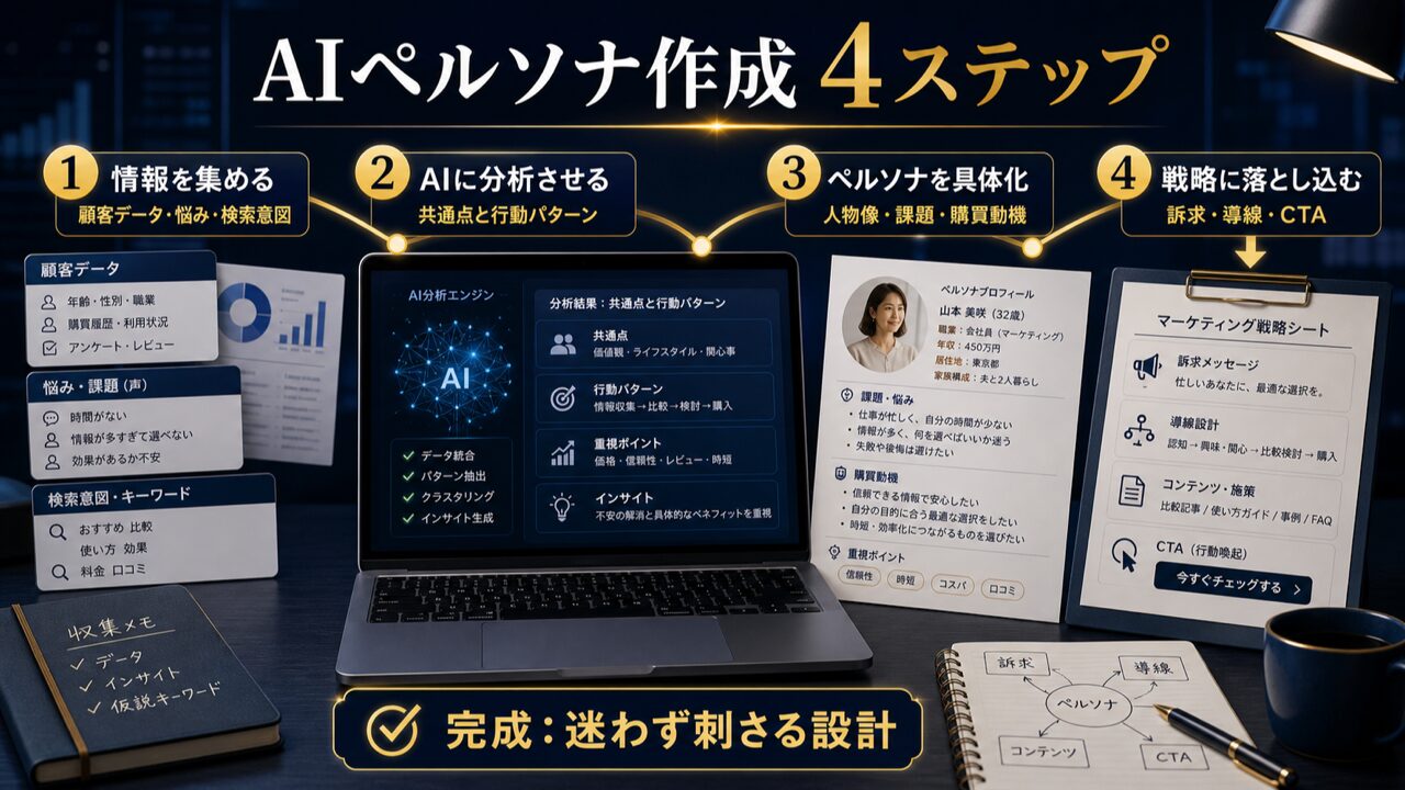 AIを活用したペルソナ作成の具体的なステップの図解