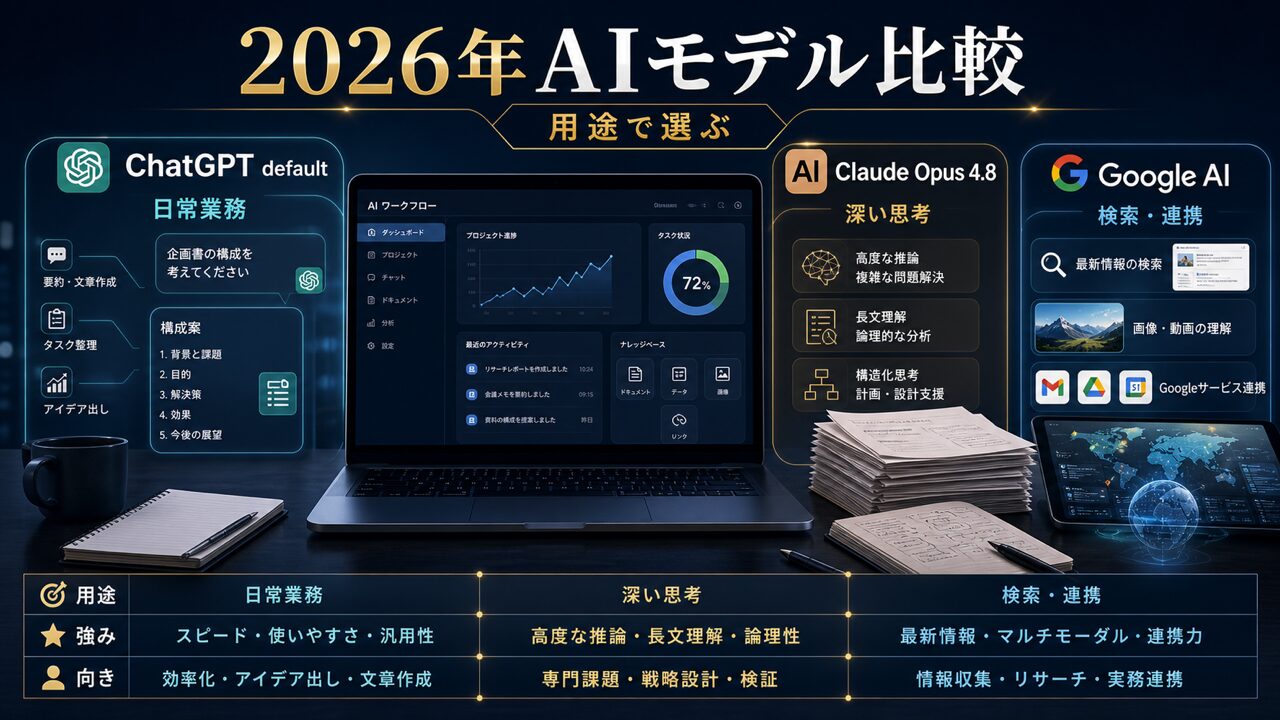 2026年最新AIモデル比較｜ChatGPT vs Claude Opus 4.8 vs Google AIの図解