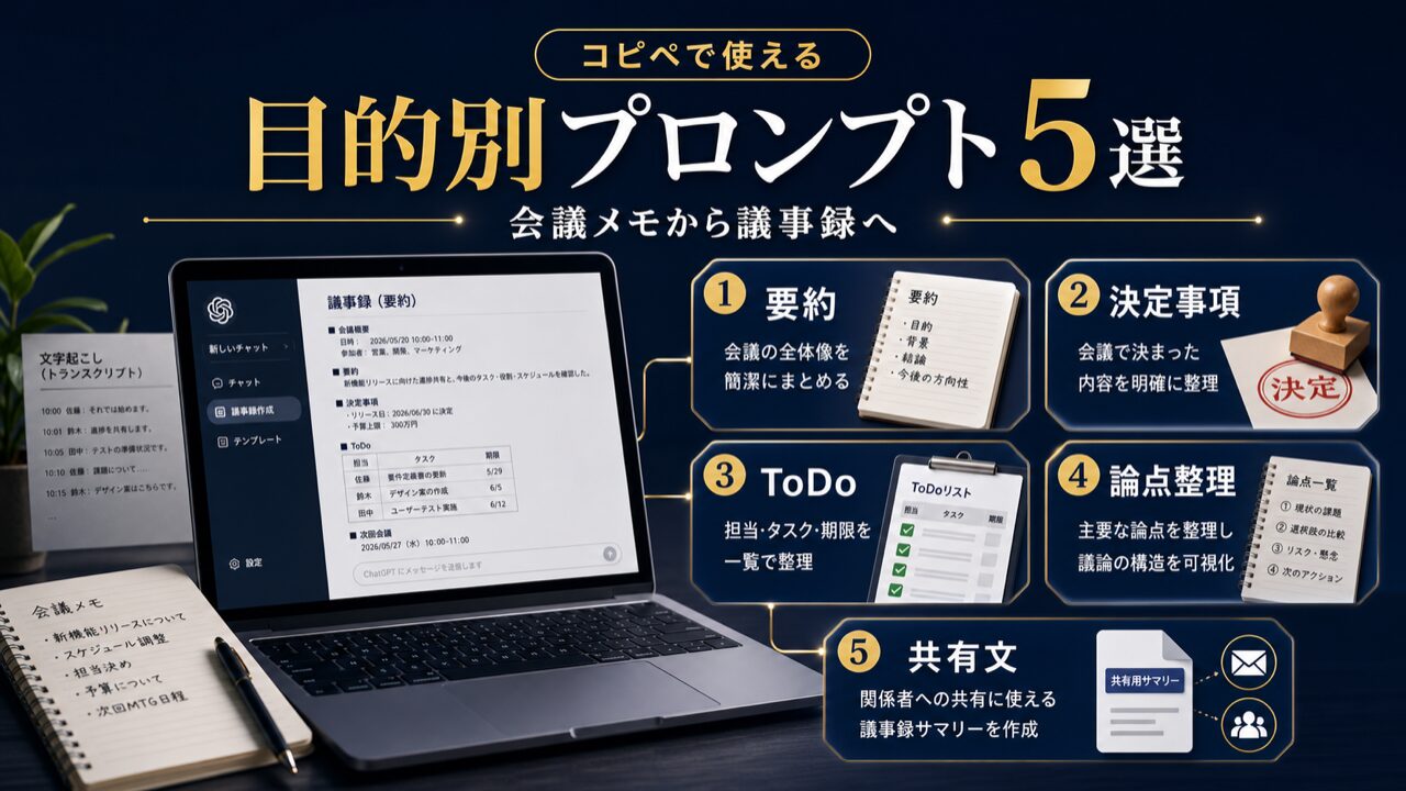 【コピペOK】目的別ChatGPT議事録作成プロンプトテンプレート5選の図解