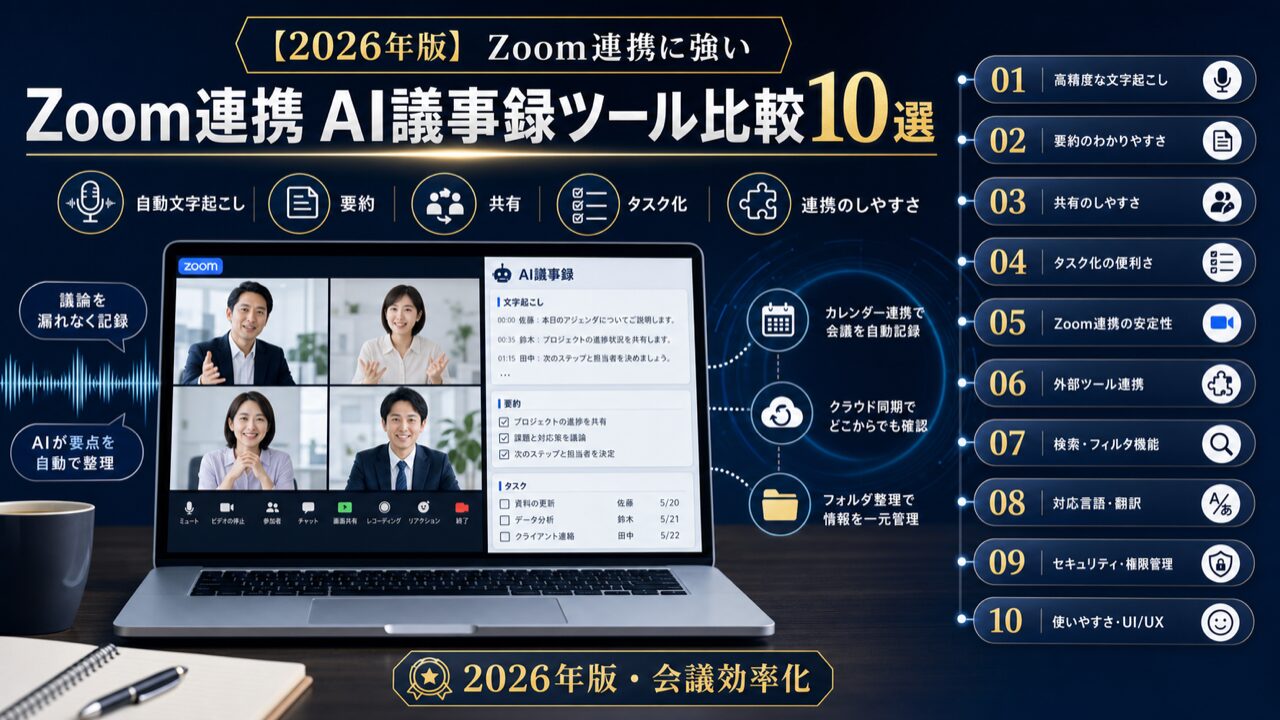 【2026年版】Zoom連携に強いAI議事録自動化ツール比較10選の図解