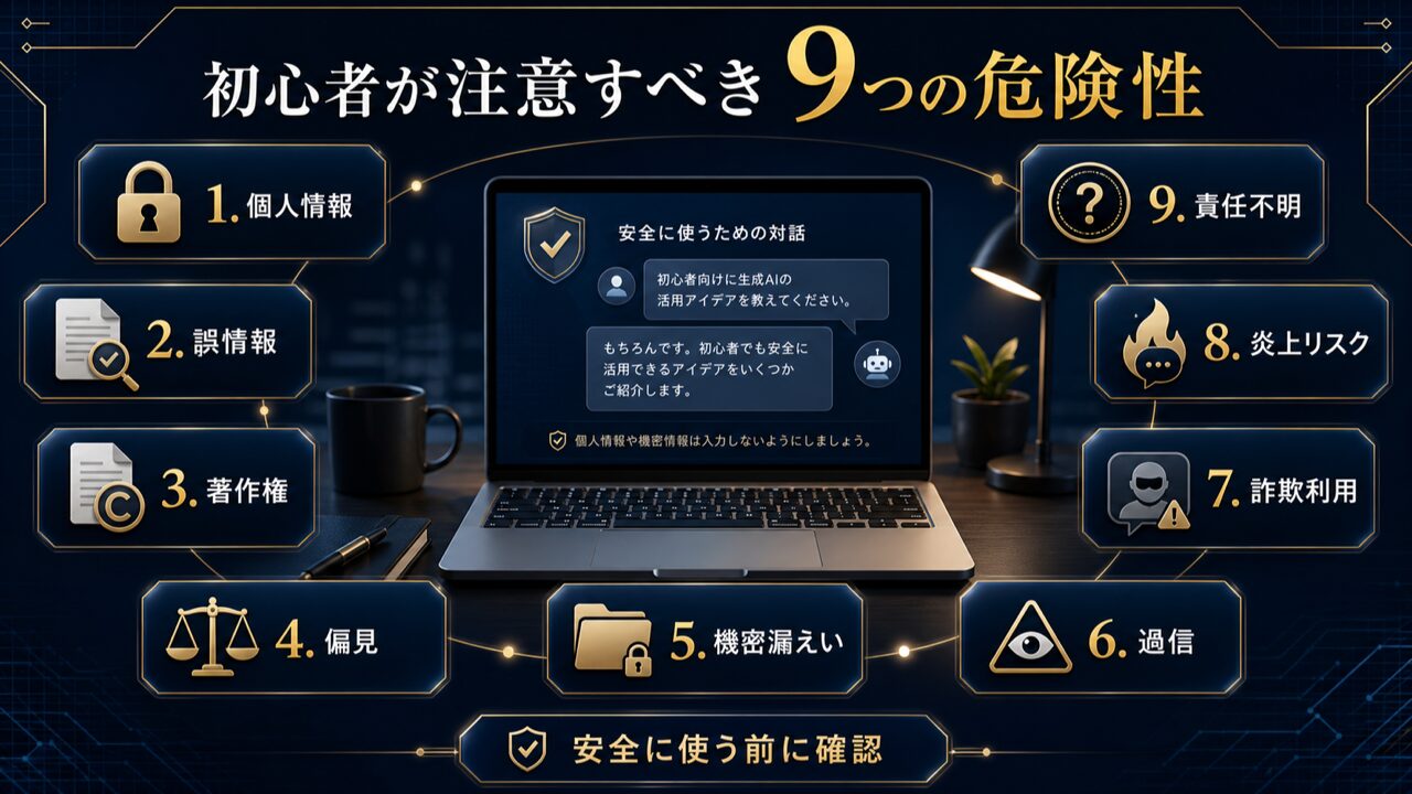 【一覧表】初心者が特に注意すべき生成AIの9つの危険性の図解