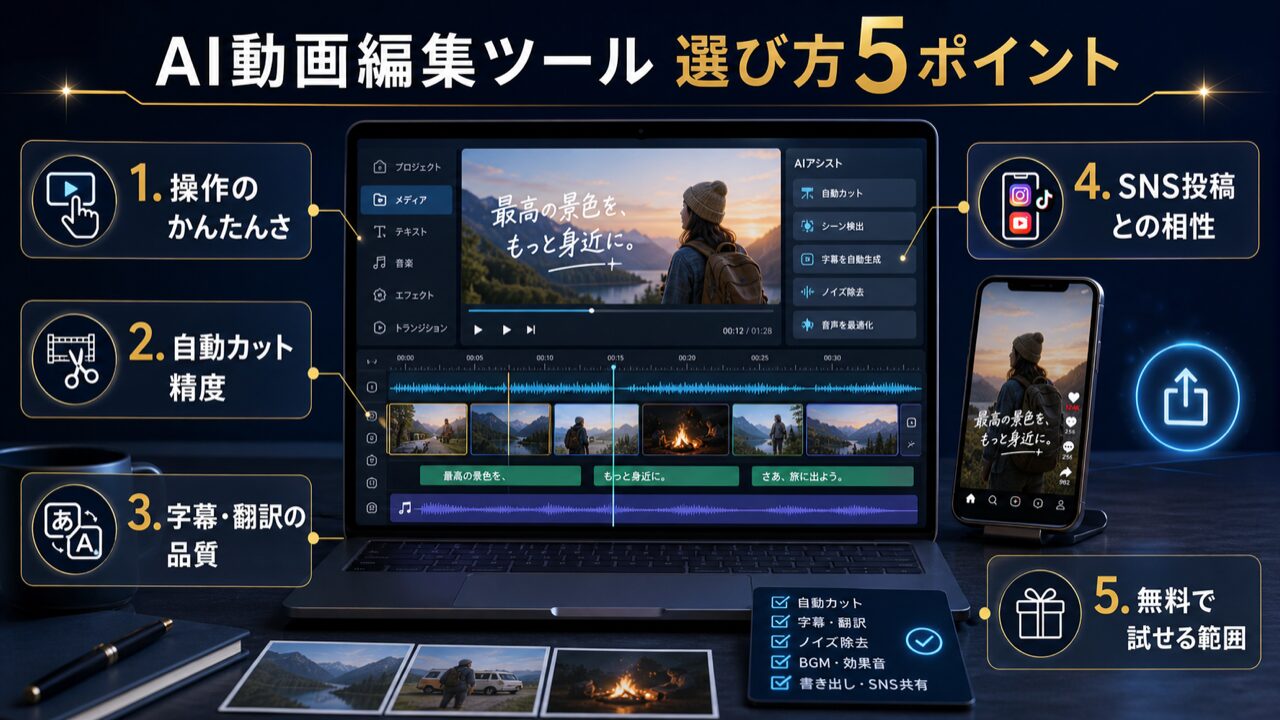 失敗しないAI動画編集自動ツールの選び方｜5つの比較ポイントの図解