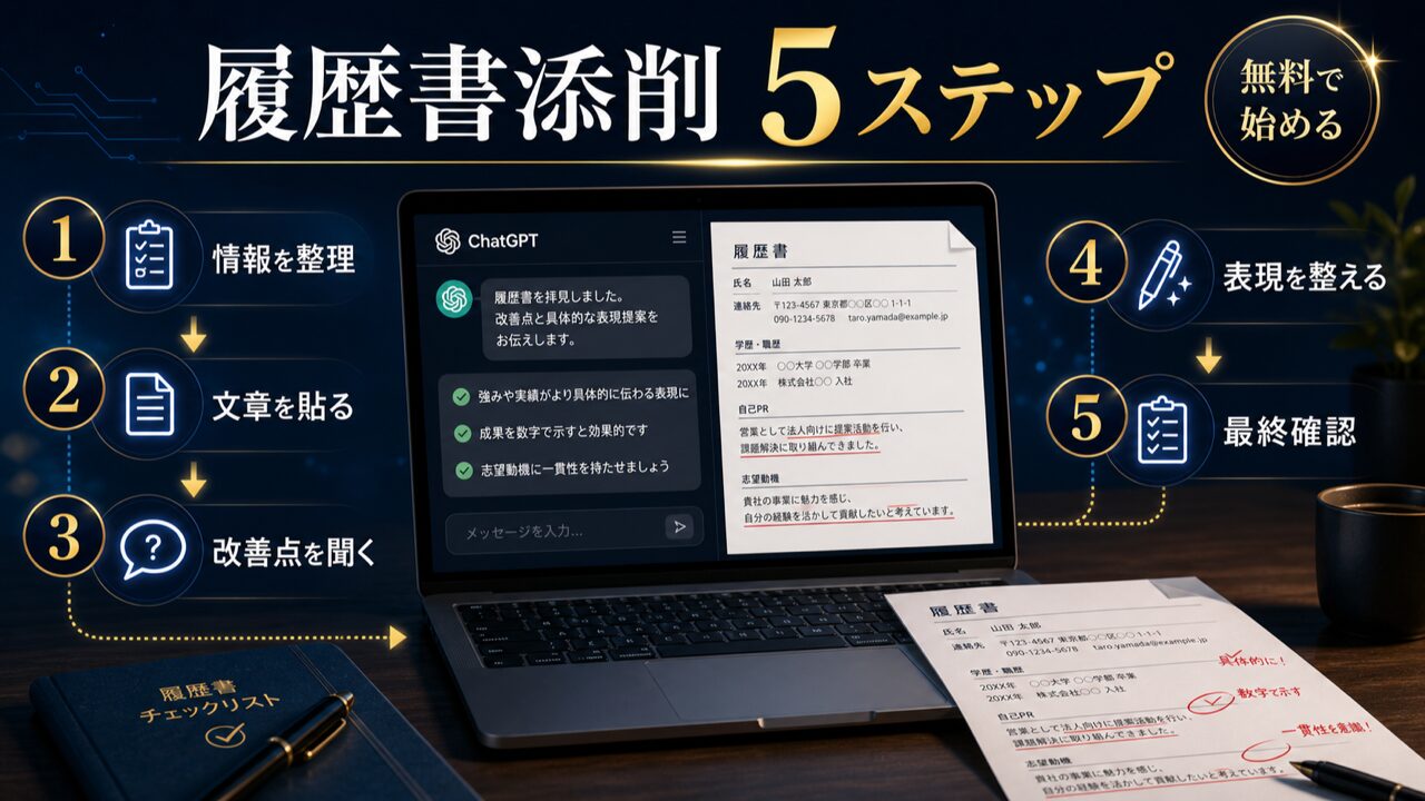 ChatGPTを使った履歴書添削の基本的なやり方【5ステップ】の図解