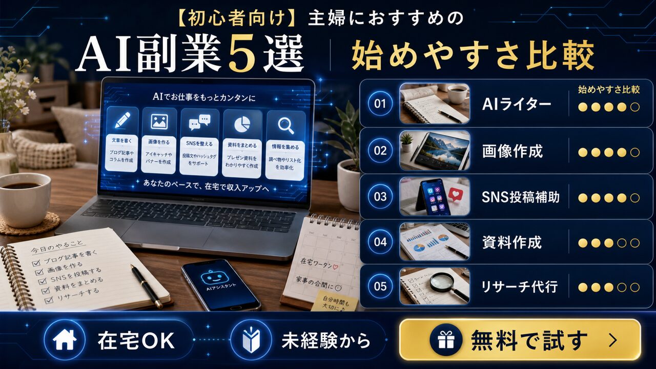 【初心者向け】主婦におすすめのAI副業5選｜始めやすさ比較の図解