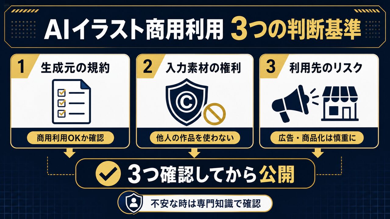 【2026年最新】AIイラストの著作権と商用利用を徹底解説！安全に使うための7つのルールの要点を整理した図解