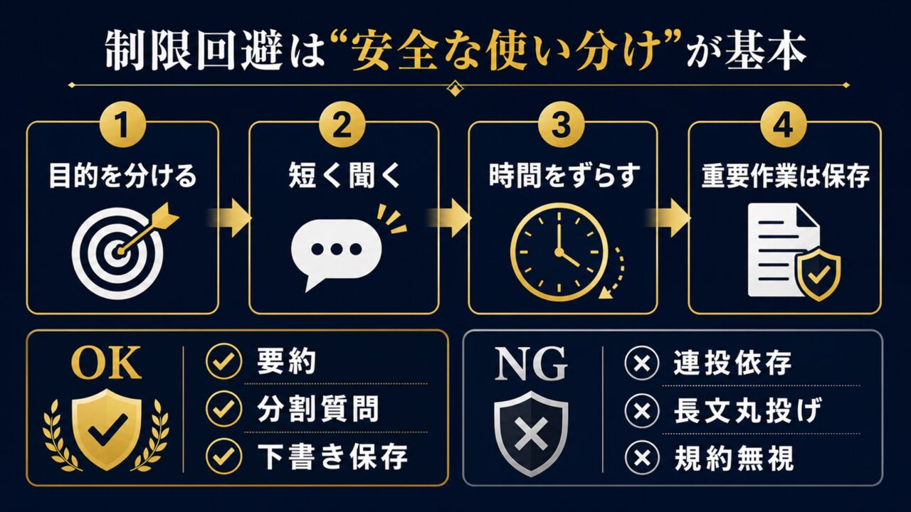 【2026年最新】ChatGPT無料版の制限を回避する11の裏ワザ!賢い使い方で回数・文字数無制限への要点を整理した図解