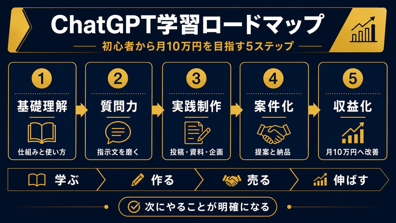 ChatGPT学習ロードマップ完全版｜初心者が3ヶ月で月10万円を目指す全手順の要点を整理した図解