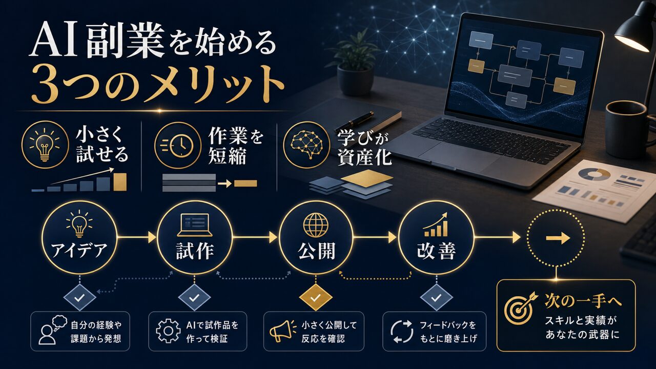 AIビジネス活用アイデアで副業を始める3つのメリットの図解