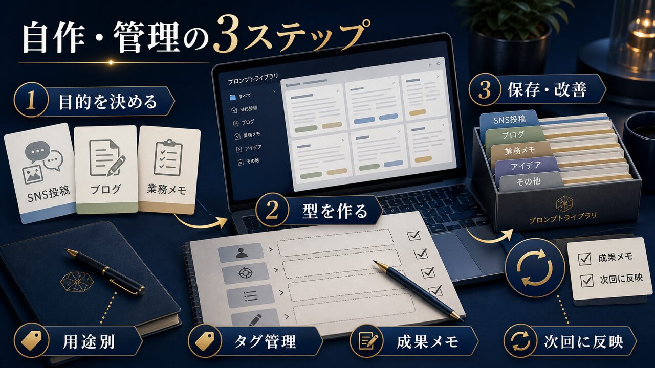 プロンプトテンプレートを自作・管理するための3ステップの図解