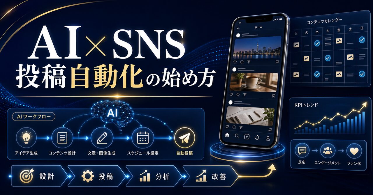 AI×SNS投稿自動化の始め方｜ChatGPT・Claude・Geminiで運用を10倍効率化する完全ガイド【2026年最新】のアイキャッチ