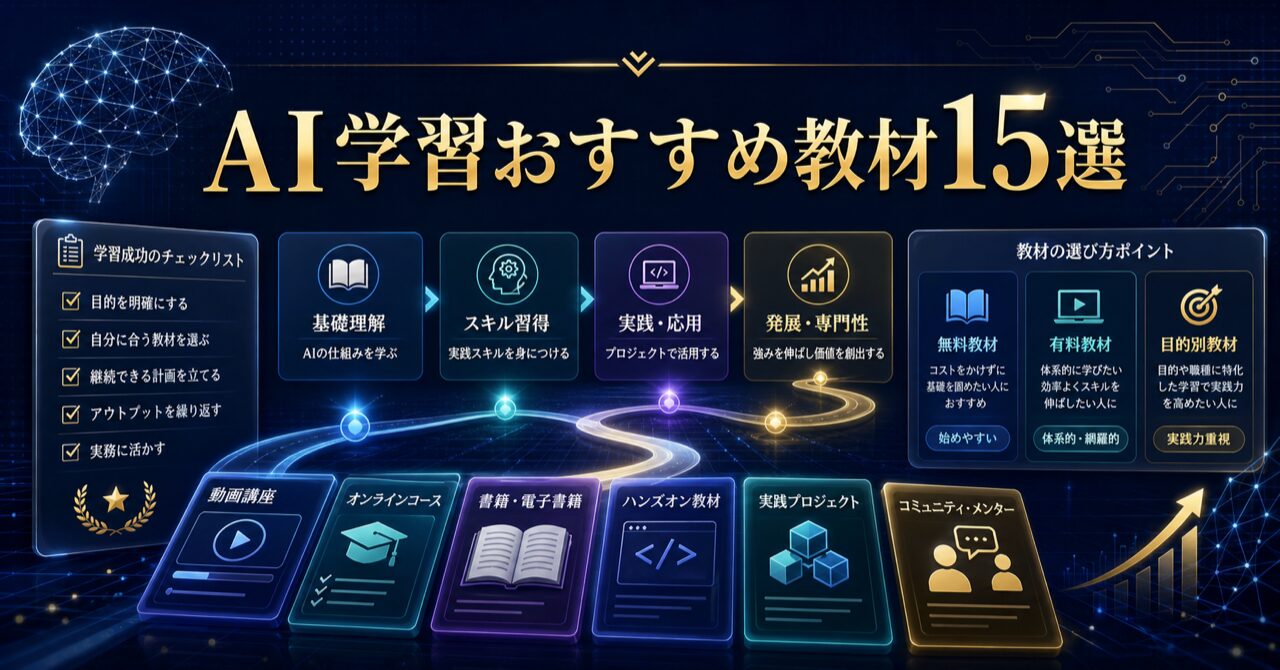 AI学習おすすめ教材15選｜無料・有料・目的別に2026年最新版を厳選のアイキャッチ