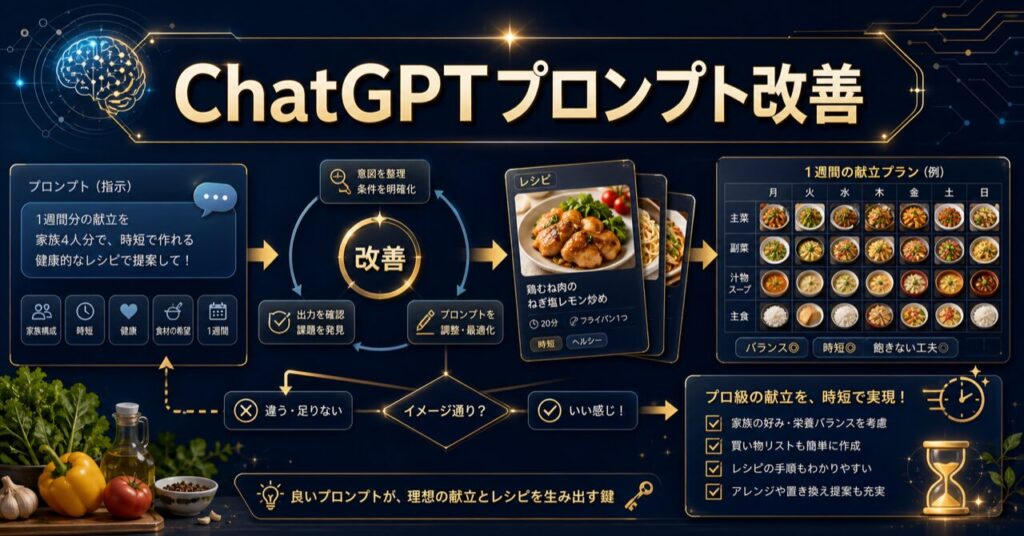 ChatGPTで1週間の献立を自動作成！初心者でもプロ級のレシピを時短生成するプロンプト術のアイキャッチ