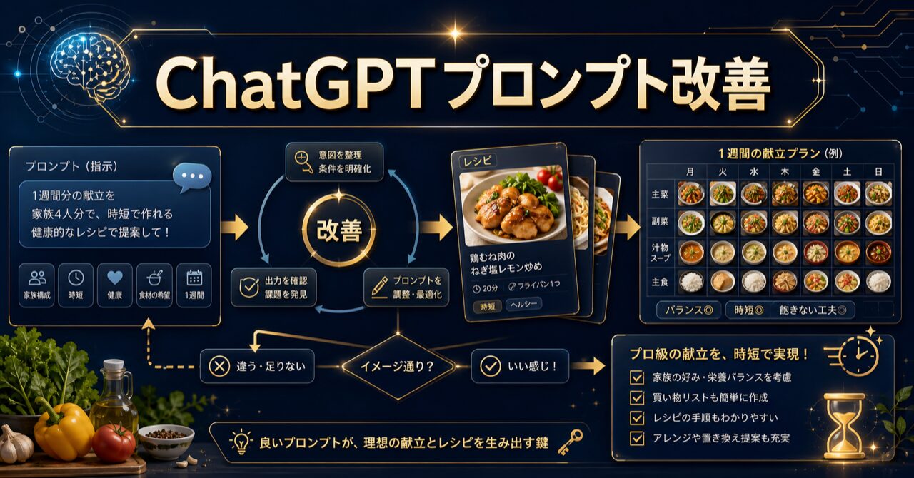 ChatGPTで1週間の献立を自動作成！初心者でもプロ級のレシピを時短生成するプロンプト術のアイキャッチ
