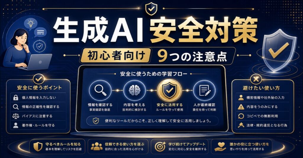 【2026年版】生成AIの危険性とは？初心者が知るべき9つの注意点と安全な使い方を徹底解説のアイキャッチ