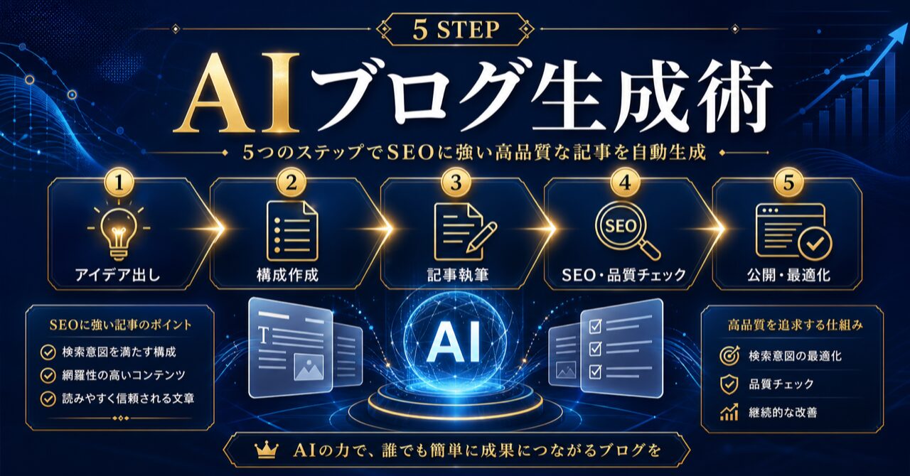 【2026年最新】AIでブログ記事を作成する5つのステップ！SEOに強い高品質な文章を自動生成する方法を徹底解説のアイキャッチ