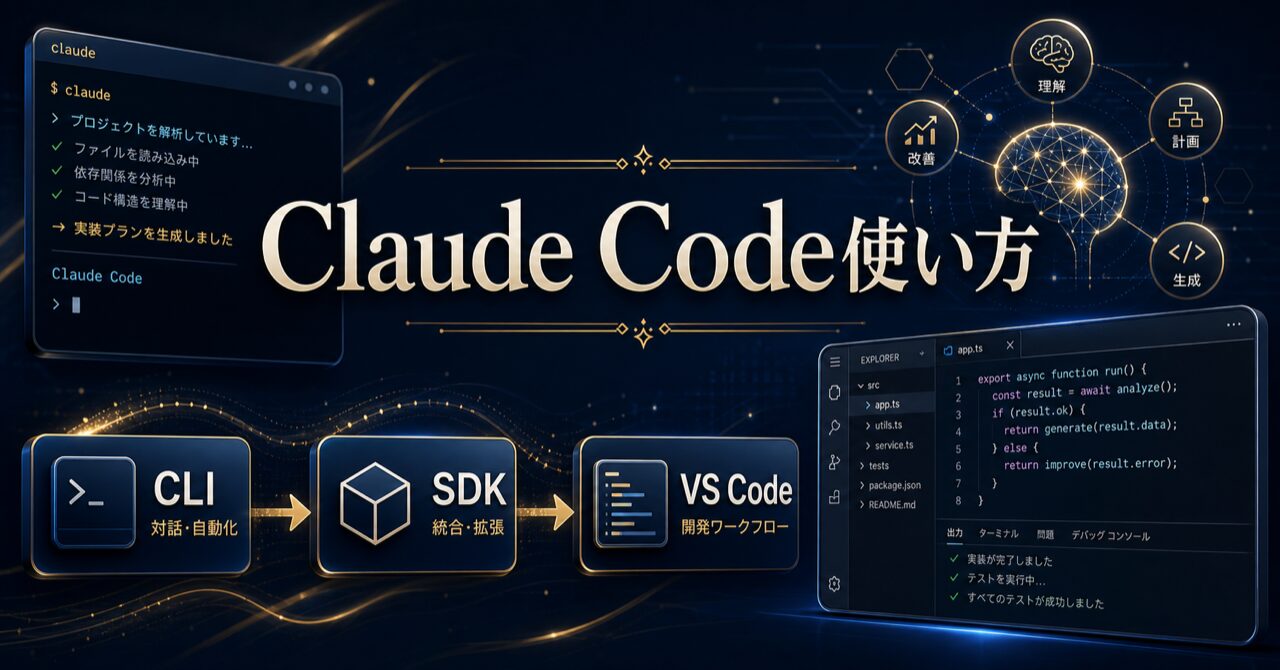 Claude Codeの使い方を開発者向けに解説！CLI/SDKからVS Code連携までのアイキャッチ